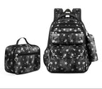 Black backpack with star pattern and matching small bag on a white background