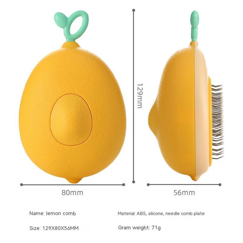 Yellow lemon-shaped comb with green handle, showing dimensions and material details on a white background.