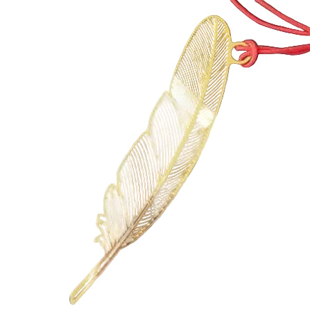 Gold feather-shaped pendant on a white background.
