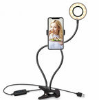 Phone holder with ring light and USB cable on a white background