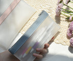 Hand holding a clear pouch with a blue zipper on a textured surface with flowers.