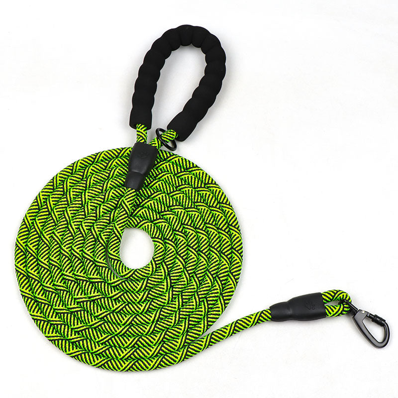 Green and black rope with a carabiner on a white background
