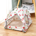 Pet tent with cherry pattern on a wooden floor