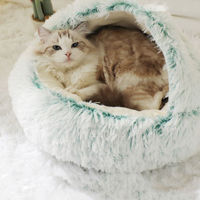 Cat lying in a fluffy white pet bed with green trim.