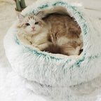 Cat lying in a fluffy white pet bed with green trim