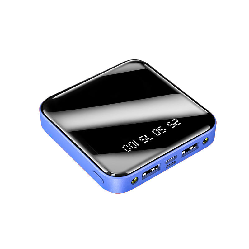 Blue and silver electronic device with digital display on a white background
