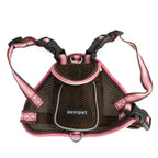 Dog harness with pink accents and 'asonpet' branding on a white background