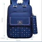 Blue backpack with star pattern and measurements on a white background