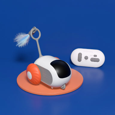 Toy robot with a fluffy object and remote control on a blue background