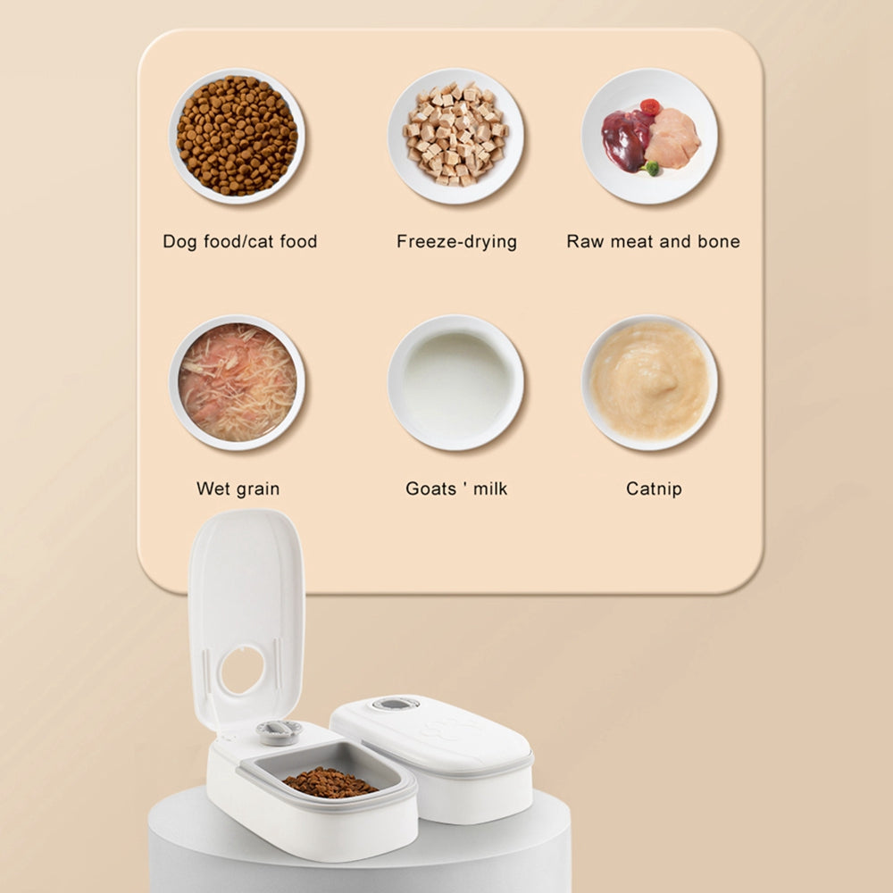 Pet food dispenser with various food types displayed on a beige background