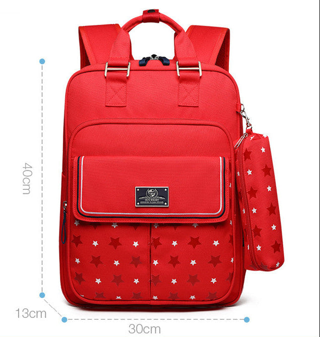 Red backpack with star pattern and measurement details on a white background