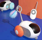 Two robot-like devices on a blue and orange background with a remote