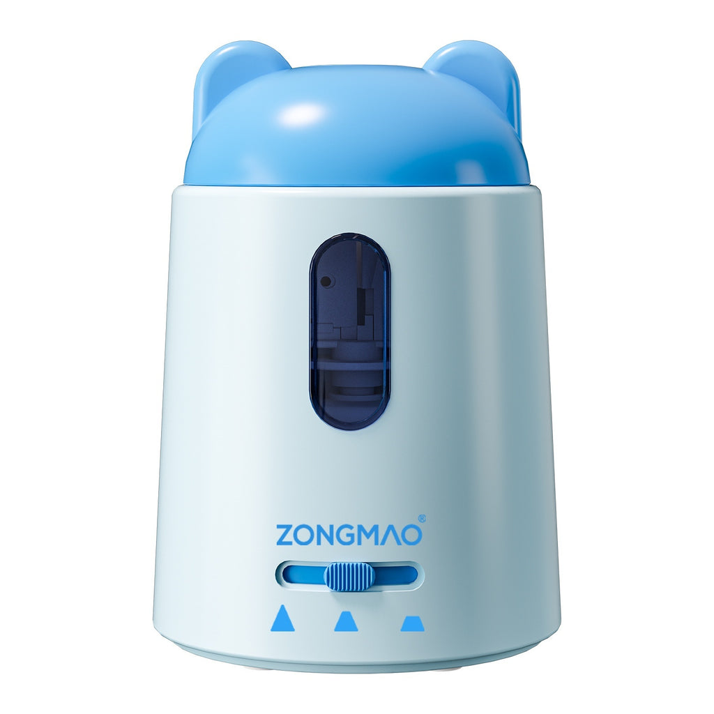 Zongmao small electric pencil sharpener with a light blue bear-ear top and a white body, featuring a sliding control switch and three small triangle icons on the front.