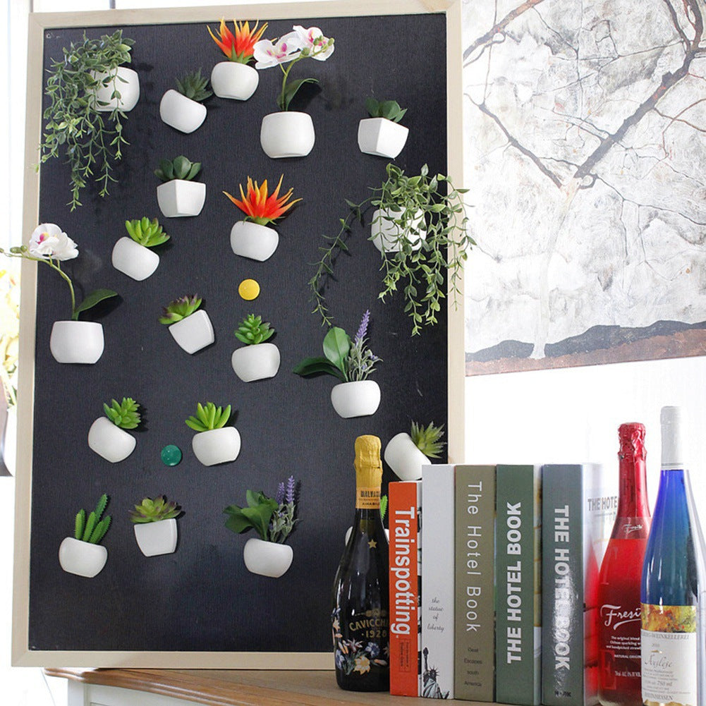 Decorative blackboard with small plants and books on a shelf