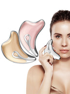 Woman holding a skincare tool with color options displayed on a white background