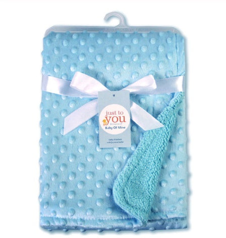 Blue baby blanket with white polka dots and a white bow, branded 'Just to you Baby Girl Mine'.