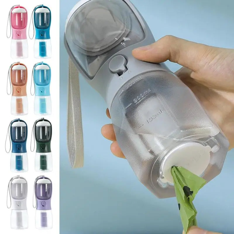 Portable water bottle with multiple color options held by a hand against a light blue background.