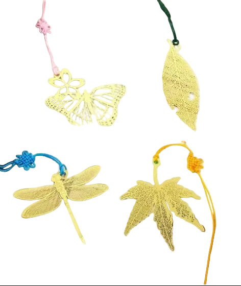 Decorative bookmarks shaped like leaves and flowers on a white background.