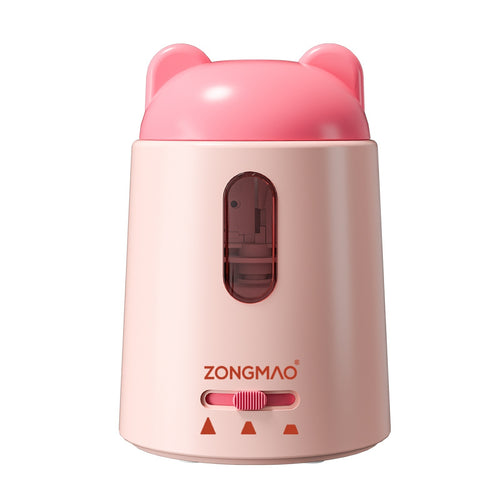 A pink ZONGMAO automatic pencil sharpener with a cute bear-ear top design, shown on a solid white background.
