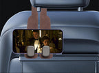 Car headrest organizer with phone holder attached, showing a phone screen on a car seat.
