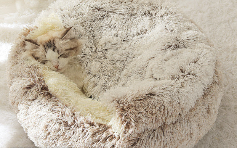 Fluffy pet bed with a cat inside on a soft white background.