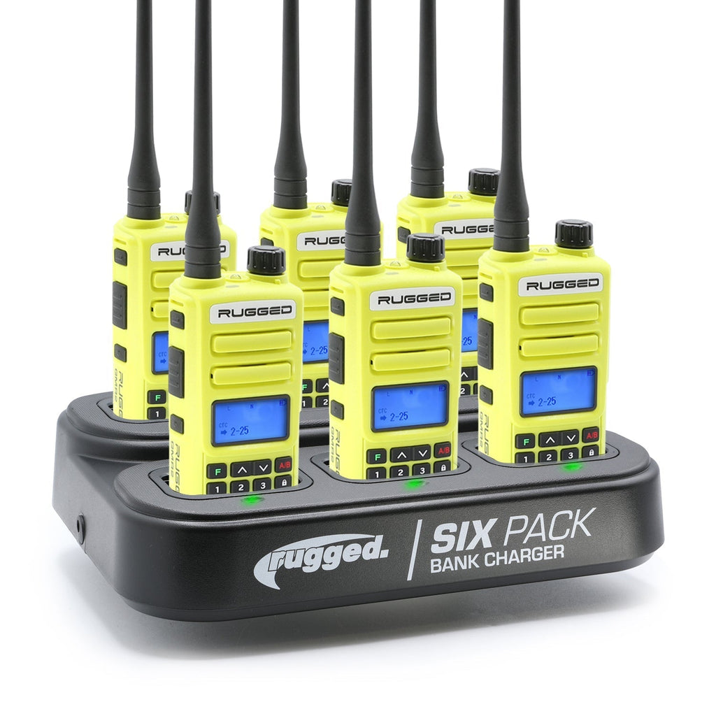 6 Pack - Rugged GMR2 PLUS - GMRS and FRS Two Way Handheld Radios with Bank Charger - Safety Orange