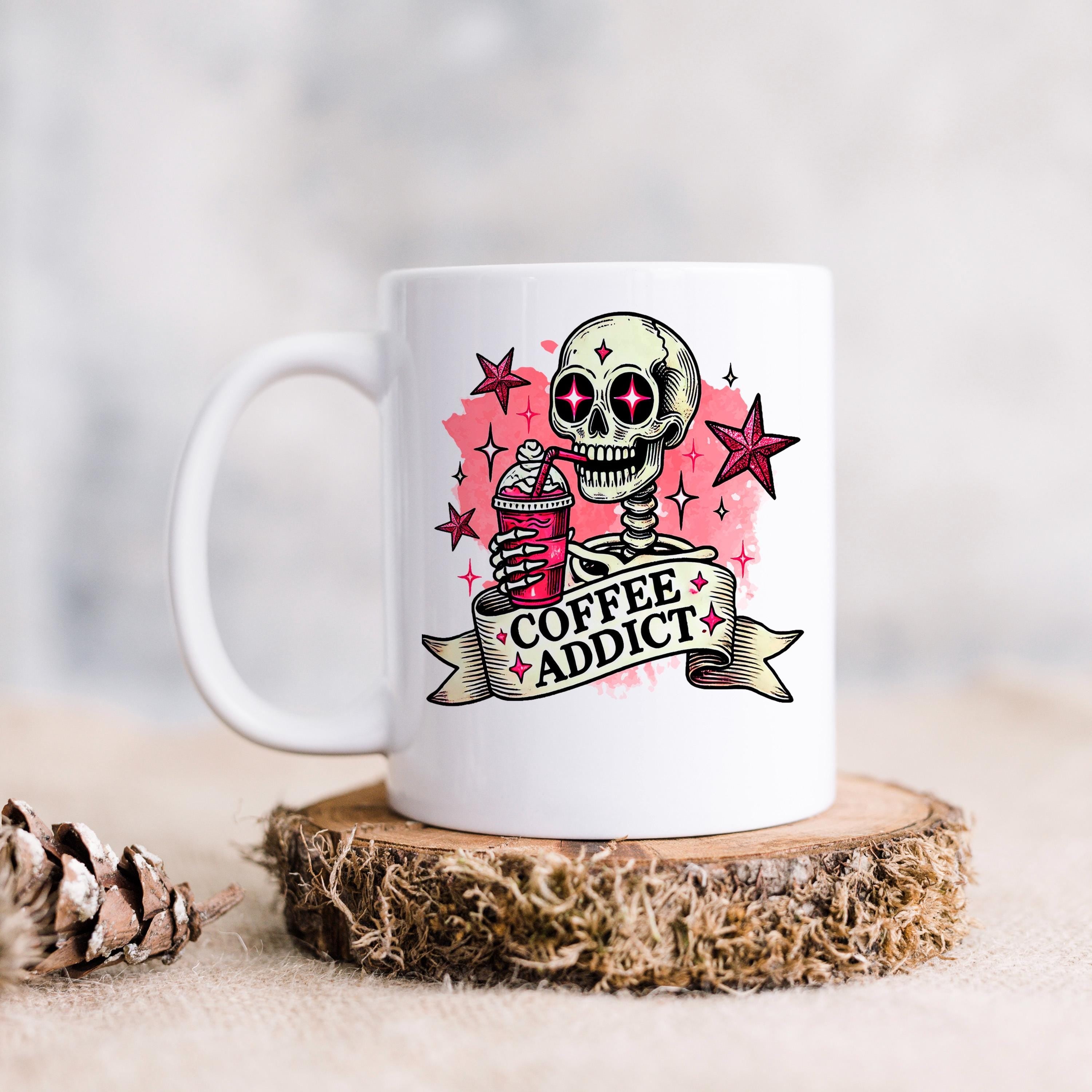 Coffee Addict Mug – Pink Skull Coffee Cup | Funny Caffeine Lover Gift, Ceramic, Dishwasher Safe