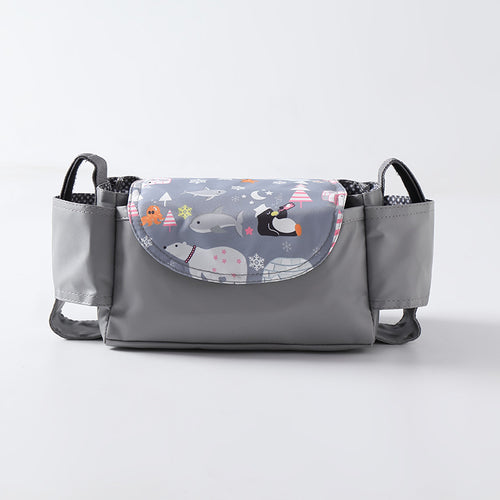 Gray bag with a colorful animal pattern on a white background