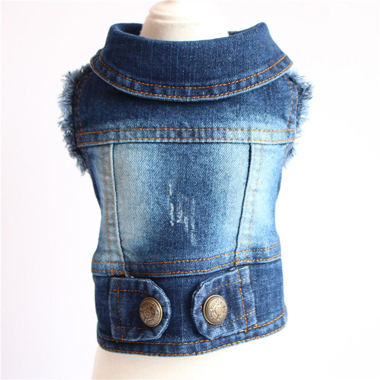 Denim vest on a mannequin with a white background