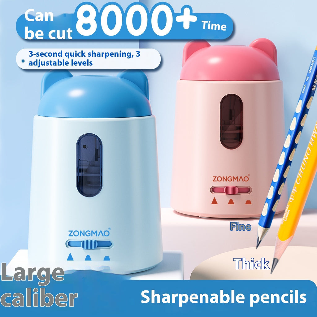 Two ZONGMAO automatic pencil sharpener devices shown side by side on a white pedestal against a light blue background. The left sharpener is light blue, and the right one is pink, both with cat-ear-shaped tops.