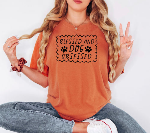 "Blessed & Dog Obsessed" Paw Print Tee — Comfort Colors