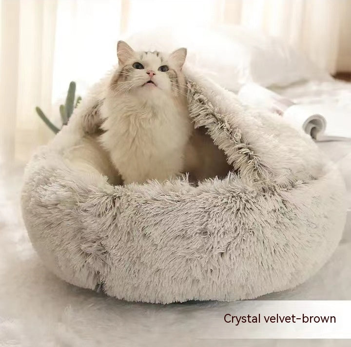 Cat sitting in a plush, crystal velvet-brown pet bed on a light surface.