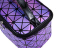 Geometric patterned purple makeup bag with black handle on a white background