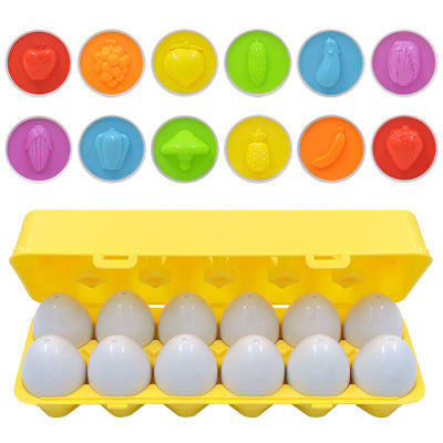 Yellow egg carton with white eggs and colorful stampers above it