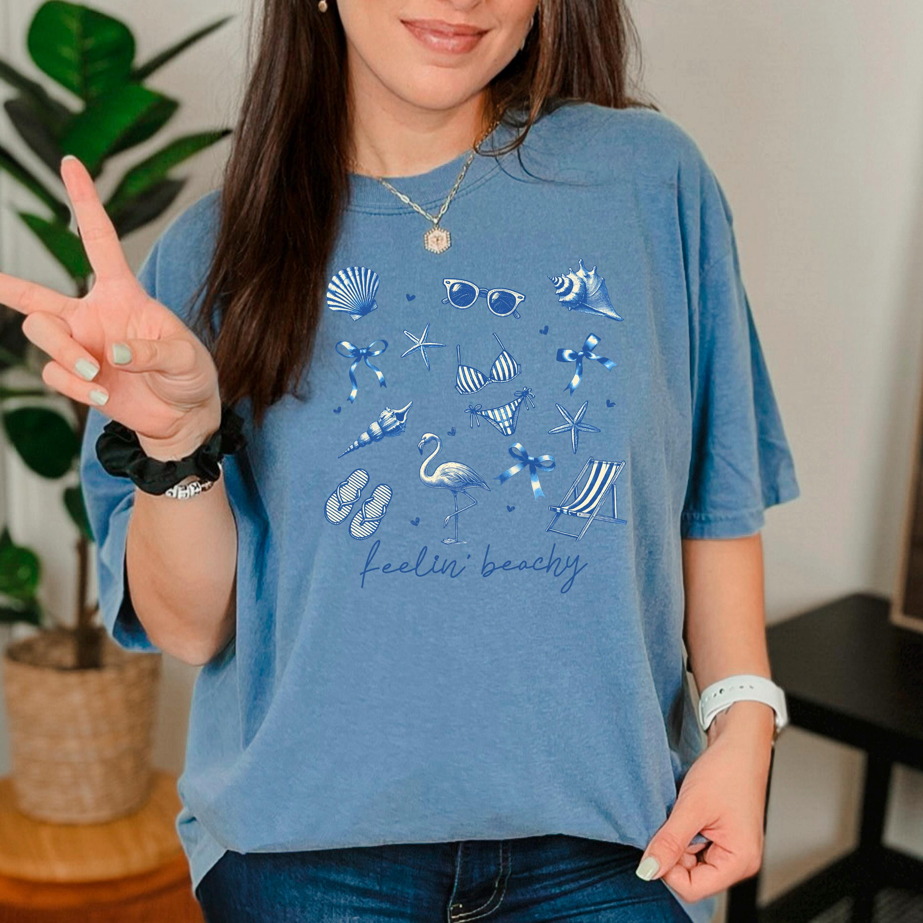 Beach Graphic Tee – Blue Beach Icons, Relaxed Unisex Fit Summer Shirt