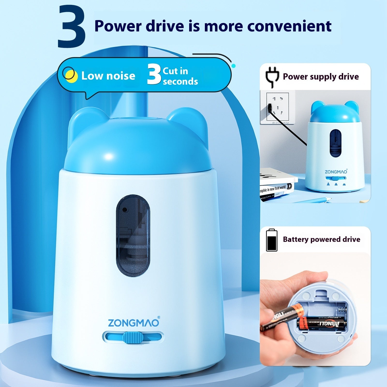 Zongmao portable electric pencil sharpener in light blue and white, featuring cat-ear-shaped top, shown with feature callouts and inset images of plug-in and battery-operated use.