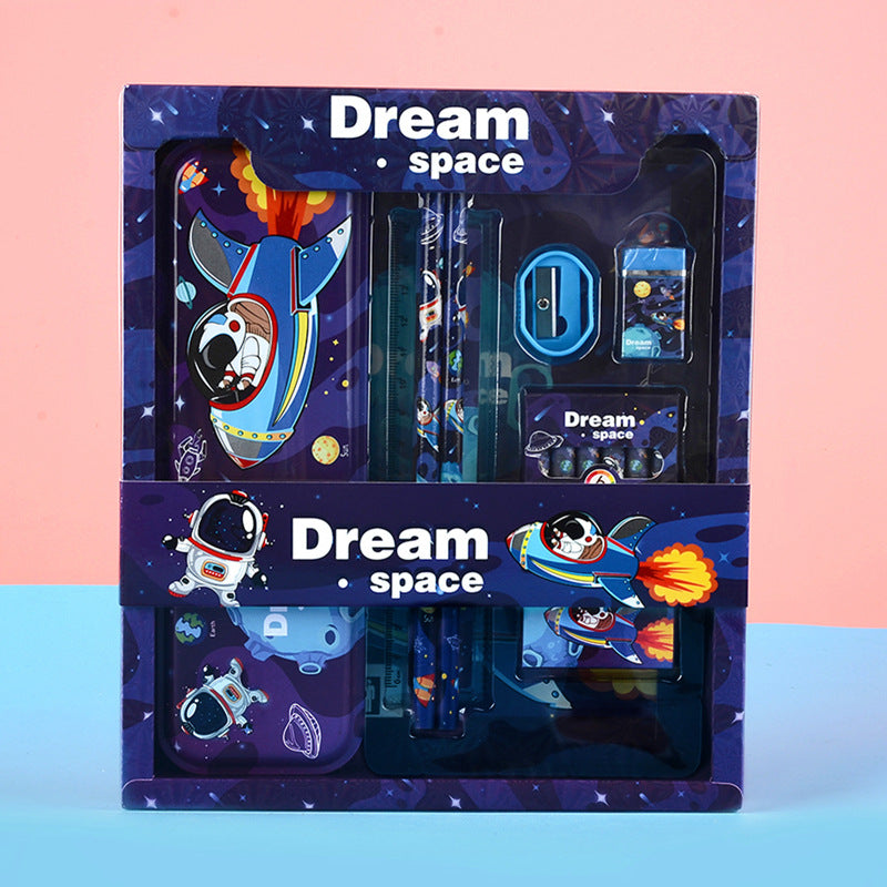 Space-themed stationery set packaging with 'Dream Space' branding on a pink and blue gradient background.