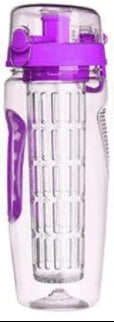 Clear water bottle with purple cap and handle on a white background