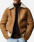 Men’s Fur Collar Brown Suede Leather Trucker Jacket
