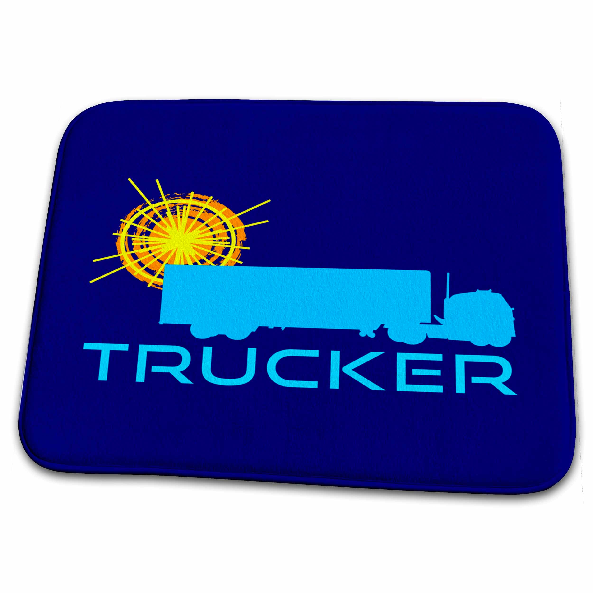 3dRose Trucker. Sun, truck image, text trucker. Dark blue background - Dish Drying Mats (ddm-267213)