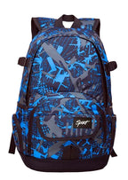 Blue and black patterned backpack on a white background