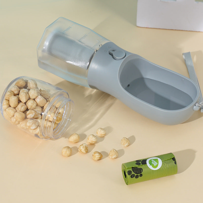 Pet food dispenser with a container of pet food on a beige surface