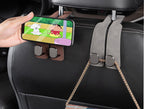 Car seat hooks double as a phone holder.