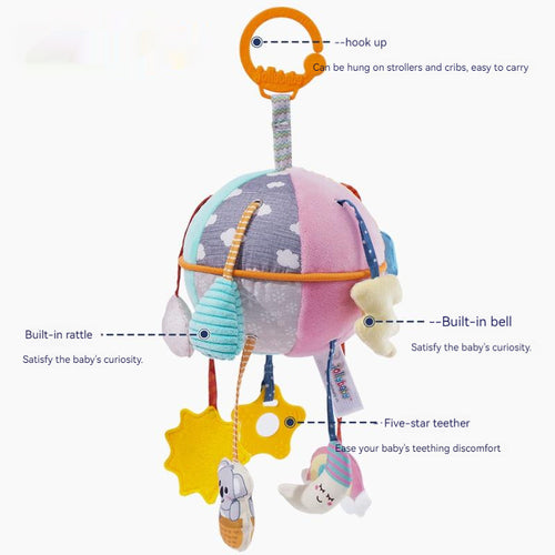 Baby toy with text describing features on a white background