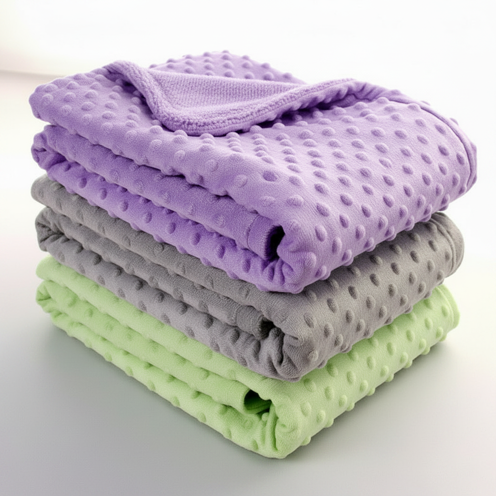 Three folded textured minky dot blankets stacked on top of each other, shown in light purple, medium gray, and light green on a clean white background.