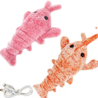 Two plush lobster toys, one pink and one orange, with a power adapter on a white background.