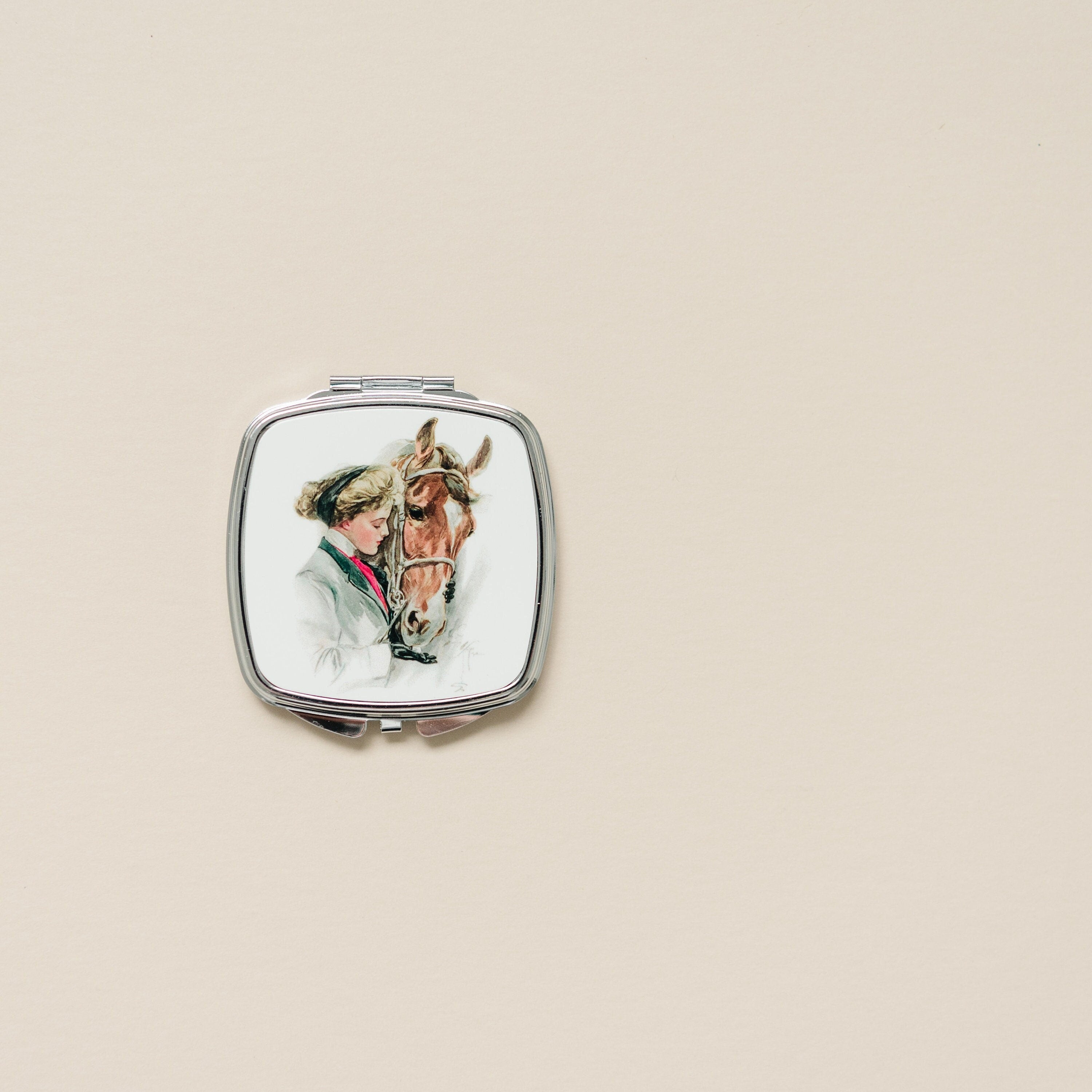 Horse Compact Mirror - Vintage Horse Illustration | Silver Equestrian Gift