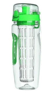 Green and white water bottle with a filter on a white background