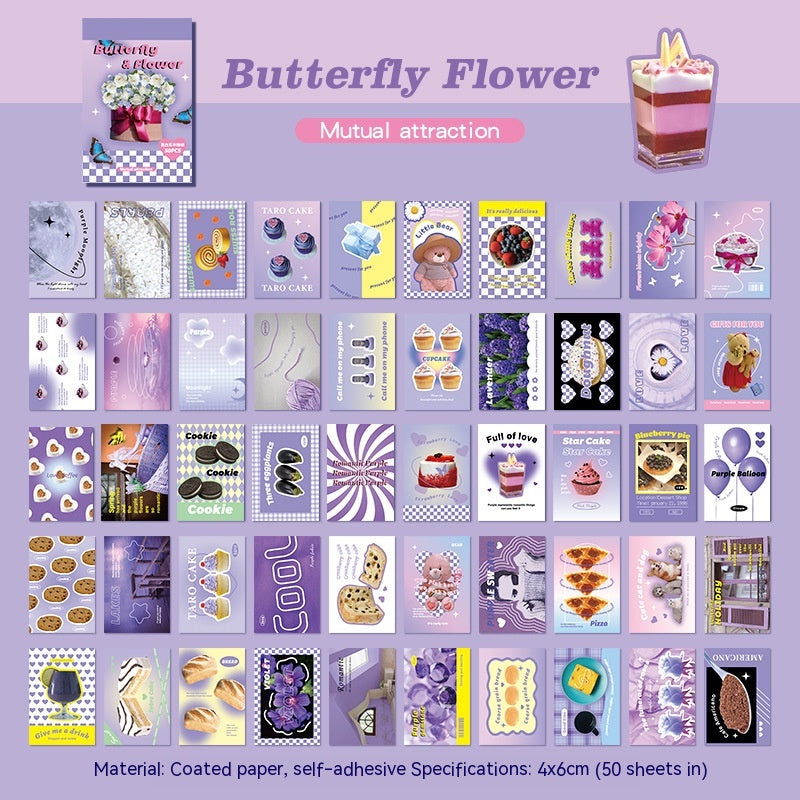 Collection of 'Butterfly Flower' self-adhesive paper sheets with various designs on a purple background.