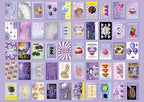 Collection of self-adhesive paper sheets with various designs on a purple background.